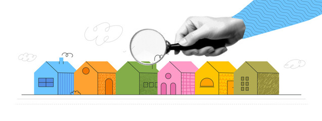 A banner on the topic of renting and buying real estate. Popart collage for realtor. Vector trendy illustration with houses and a hand holding a magnifying glass