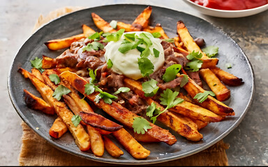 Capture the essence of Carne Asada Fries in a mouthwatering food photography shot