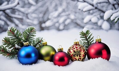 Naklejka na ściany i meble Christmas decorations nestled in snow by ai generated