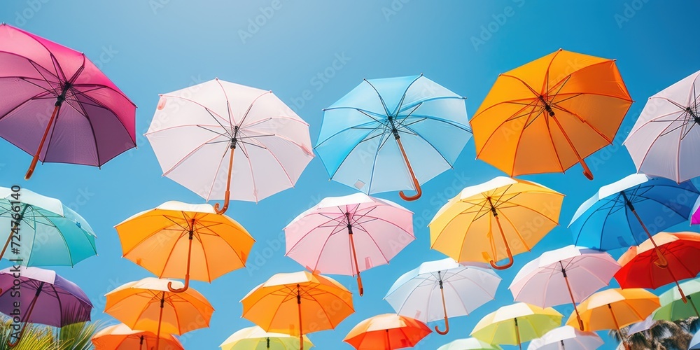 Poster Colorful umbrellas suspended in mid-air, creating a vibrant and lively scene. Perfect for adding a pop of color and excitement to any project or design