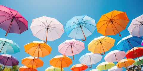 Colorful umbrellas suspended in mid-air, creating a vibrant and lively scene. Perfect for adding a pop of color and excitement to any project or design