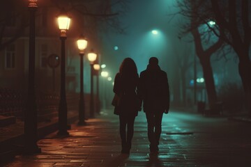 A determined woman in a flowing red dress walks along an empty, illuminated street at night