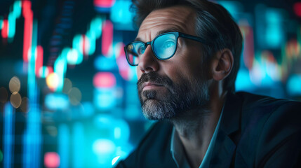 Fototapeta premium Portrait of confident and happy leader,investor, businessman, manager, freelance with stock market background, investment for financial growth and freedom