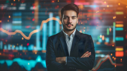 Fototapeta premium Portrait of confident and happy leader,investor, businessman, manager, freelance with stock market background, investment for financial growth and freedom