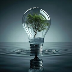 A hyper-realistic, sharp-focused image of an empty lightbulb with a miniature tree inside, representing the concept of sustainable and eco-friendly green energy
