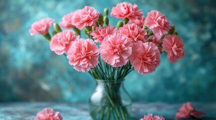  a vase filled with pink carnations sitting on top of a blue table next to other pink carnations on top of a blue cloth covered tablecloth.