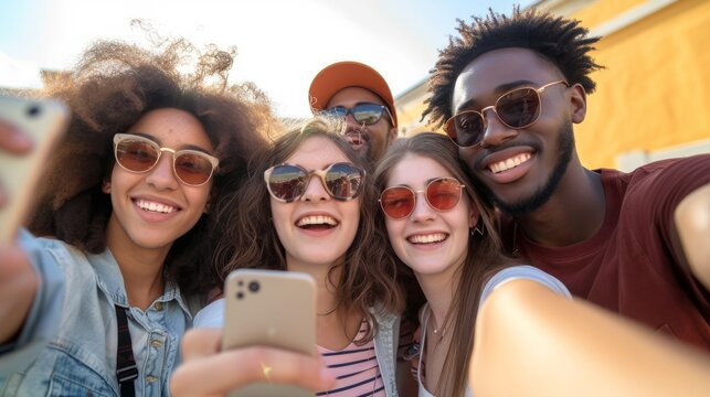 Multicultural students capturing a joyful moment outdoors through a group selfie. Embracing the essence of a happy and friendly lifestyle, this scene depicts young people from diverse backgrounds