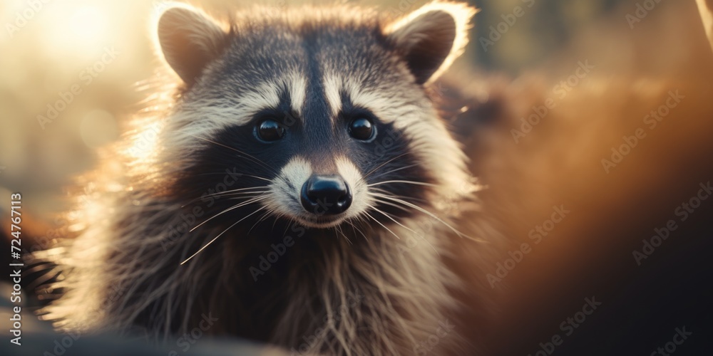 Poster a close-up shot of a raccoon looking directly at the camera. this image can be used to depict wildli