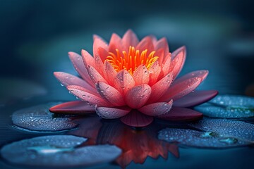 A stunning lotus flower in full bloom, covered in dew drops, floats on a dark blue pond