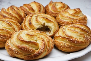 Obraz na płótnie Canvas Gata A sweet pastry filled with a mixture of flour, sugar, butter, and often nuts spices by ai generated