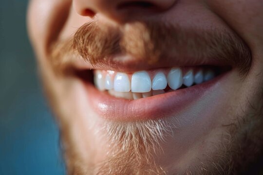 A man's bright smile showcases his pearly white teeth, as his tongue playfully peeks out from between his lips, radiating joy and confidence in this close-up portrait