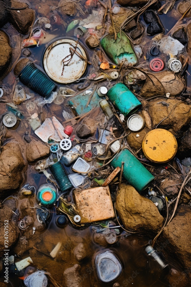 Aufkleber a bunch of trash floating in water. can be used to depict pollution or environmental issues
