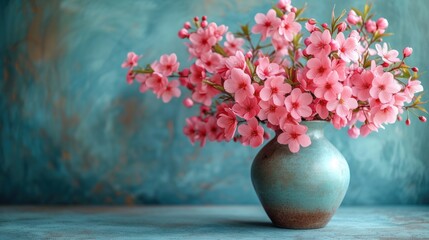  a vase filled with pink flowers sitting on top of a blue table cloth covered tablecloth next to a blue wall with a painting of a blue background behind it.