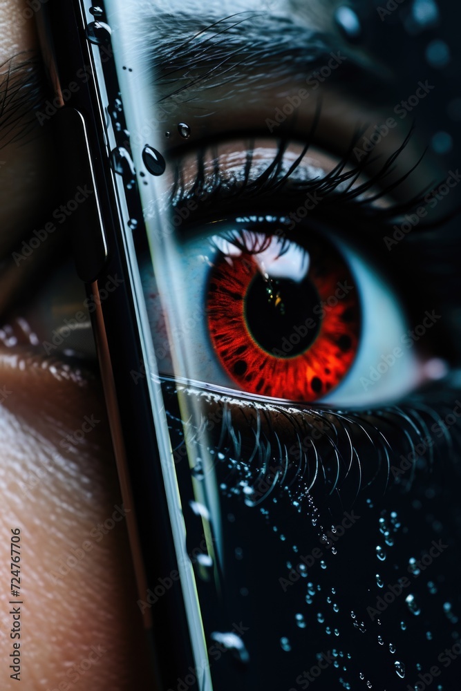 Poster A close-up view of a person's eye with a cell phone in the background. This image can be used to depict technology addiction or the concept of privacy in the digital age