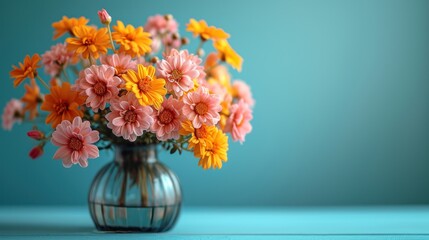  a vase filled with yellow and pink flowers on top of a blue counter top next to a teal wall and a blue wall behind the vase is filled with yellow and pink and orange daisies.