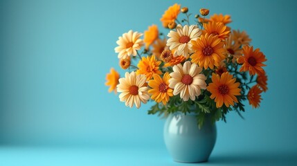  a blue vase filled with lots of yellow and white flowers on a blue surface with a light blue wall behind the vase and a light blue wall behind the vase.