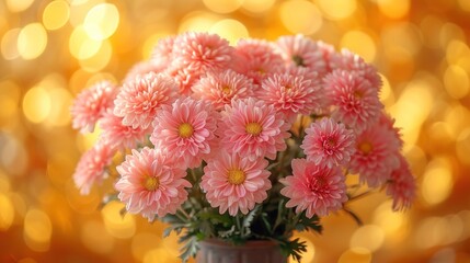  a vase filled with lots of pink flowers on top of a table next to a bright yellow boke of lights in the backgroup of the room.