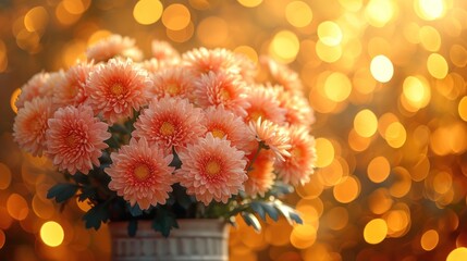  a vase filled with pink flowers in front of a boket of yellow and pink lights in a room filled with boket of yellow and white lights.