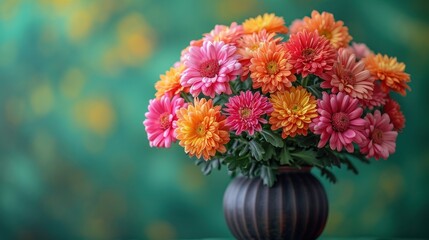  a vase filled with lots of colorful flowers on top of a green and yellow wall behind a green and yellow wall behind a green and yellow wall behind a green background.