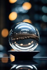 A crystal ball sitting on top of a table. Can be used for fortune-telling or mystical themes