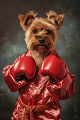 A Yorkshire Terrier in boxing gloves and robe