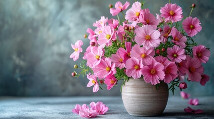  a vase filled with pink flowers sitting on top of a table next to a pile of pink flowers on a table top next to a gray wall and a blue background.