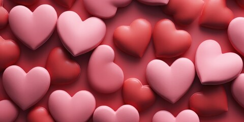 A vibrant display of red and pink hearts arranged on a red surface. Perfect for expressing love and affection. Suitable for Valentine's Day, anniversaries, and romantic occasions