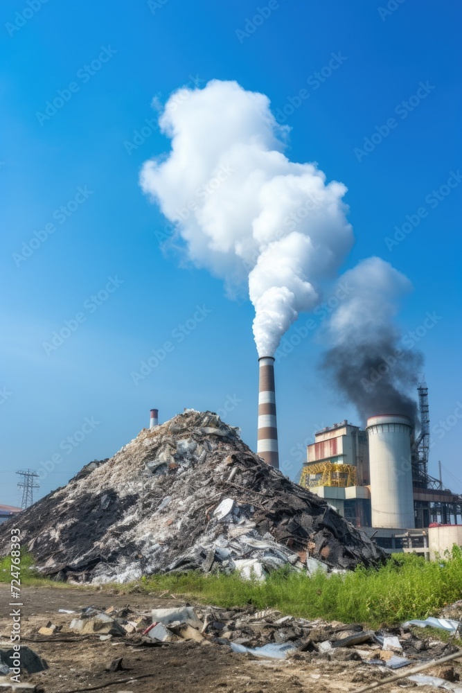 Poster a large pile of garbage emitting smoke. can be used to illustrate pollution or environmental issues