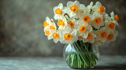  a bouquet of white and orange flowers in a glass vase on a table with a brown wall behind it and a gray background behind the vase is full of daffodils.