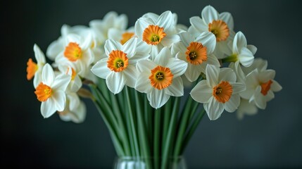  a bouquet of white and orange flowers in a glass vase on a black background with room for text on the bottom corner of the picture and bottom corner of the picture.