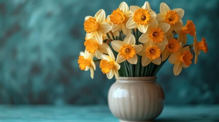  a vase filled with yellow daffodils on top of a blue and green tableclothed wall behind a vase of daffodils with yellow flowers in it.