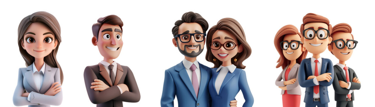 3D Cartoon Illustration Render of a Happy Businessperson in a Suit, Woman and Man in a Group Set, Isolated on Transparent Background, PNG