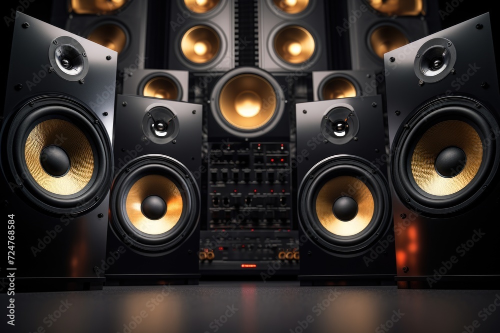 Aufkleber A pile of speakers stacked on top of each other. Versatile image for various audio and music-related projects