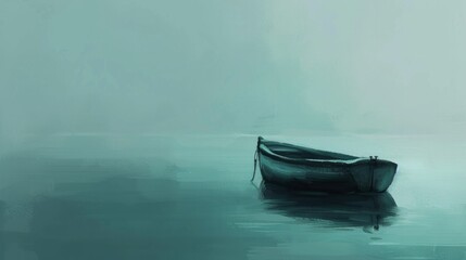 Portray a lonely boat floating in water using delicate brushstrokes and subdued colors. Minimalist Art. - obrazy, fototapety, plakaty