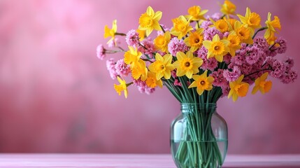  a vase filled with yellow and pink flowers on top of a wooden table next to a pink wall and a pink wall behind the vase is filled with yellow and pink flowers.