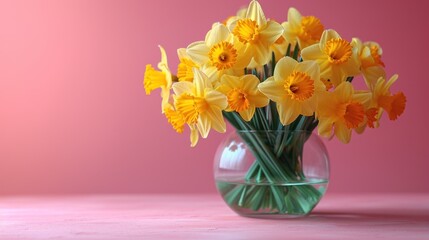  a vase filled with yellow daffodils on top of a pink table next to a green vase filled with yellow daffodils on top of yellow daffodils.