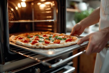 A hungry person eagerly removes a perfectly baked pizza from the oven in their cozy kitchen, ready to indulge in the ultimate comfort food