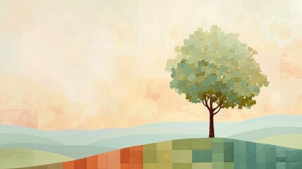 Produce an artwork featuring a solitary tree using clean lines and a pastel color palette. Minimalist Art.