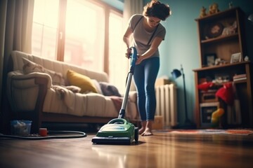 A woman is using a vacuum cleaner to clean the floor. Suitable for household cleaning and maintenance purposes