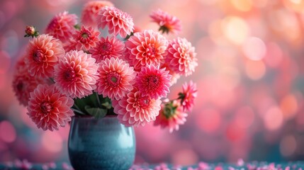  a blue vase filled with pink flowers sitting on top of a blue table next to a pink boke of flowers on a blue table cloth covered with pink petals.