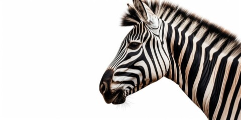 A close up view of a zebra's head against a plain white background. Suitable for various uses