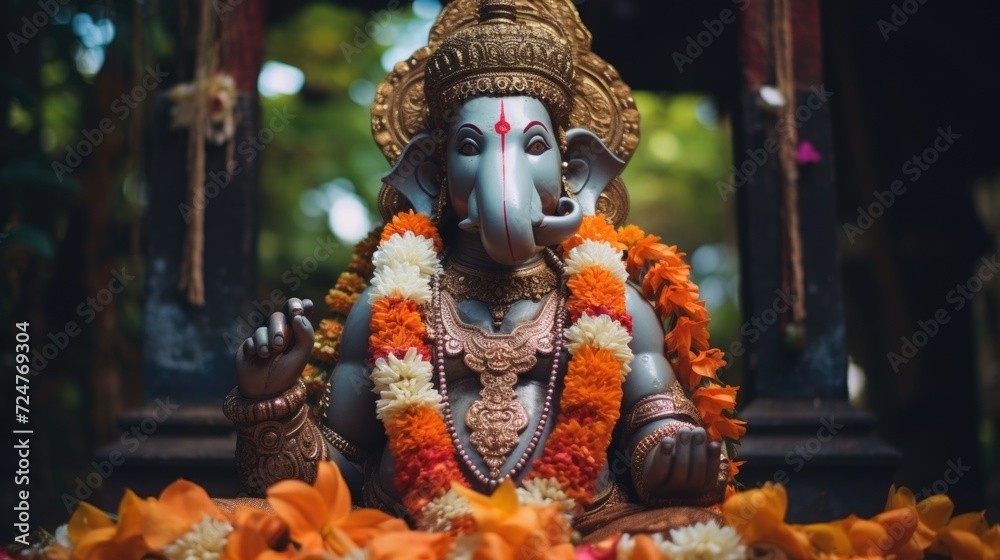 Poster A statue of an elephant surrounded by beautiful flowers. Perfect for adding an elegant touch to any space