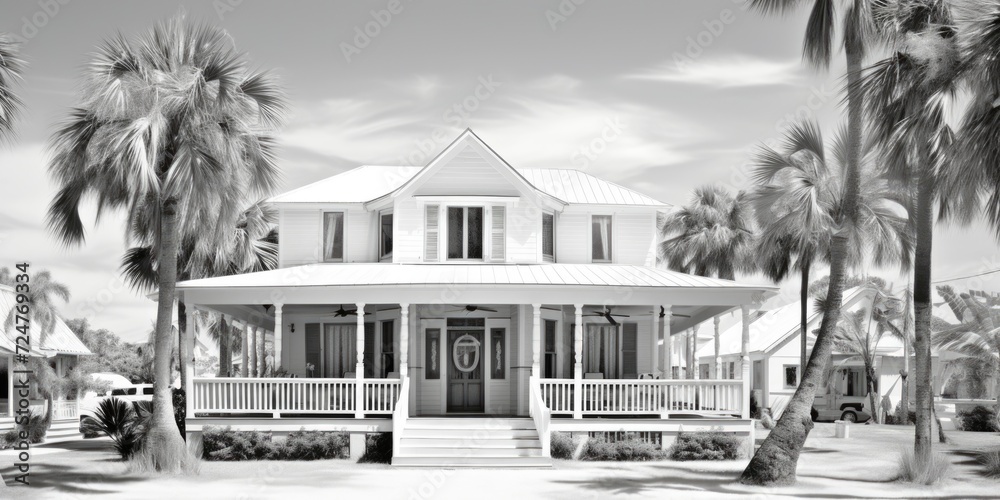 Poster a black and white photo of a house with palm trees. suitable for various uses