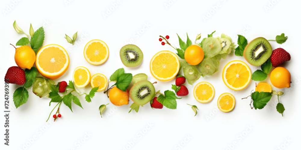 Poster A row of various fruits arranged neatly. Can be used for healthy eating concepts