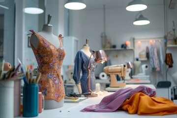 A person meticulously creates artful designs on clothing using sewing machines, surrounded by fashion-forward mannequins and a wall adorned with vases in an indoor shop