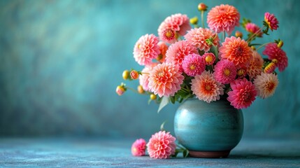  a vase filled with lots of pink flowers on top of a blue table next to a blue wall and a blue wall behind the vase with a bunch of pink flowers in it.