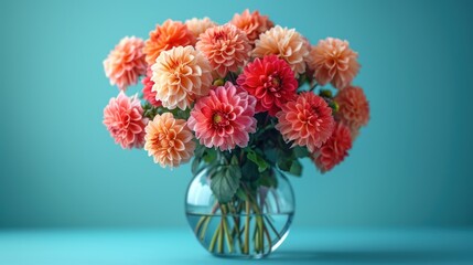  a vase filled with pink and orange flowers on top of a blue table top next to a light blue wall and a blue wall behind the vase is filled with pink and orange flowers.