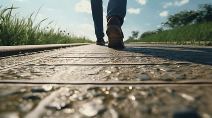 Foto op Canvas A person is walking across a wooden walkway. This image can be used to depict a peaceful outdoor scene or as a metaphor for a journey or progression © Fotograf