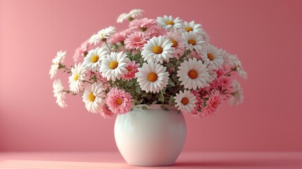  a white vase filled with lots of pink and white daisies on a pink tableclothed surface with a pink wall behind the vase and a few white daisies in the foreground.
