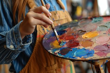 A child artist creates a vibrant masterpiece, guided by the gentle hand of a woman adorned in colorful clothing, as she teaches the beauty of self-expression through painting